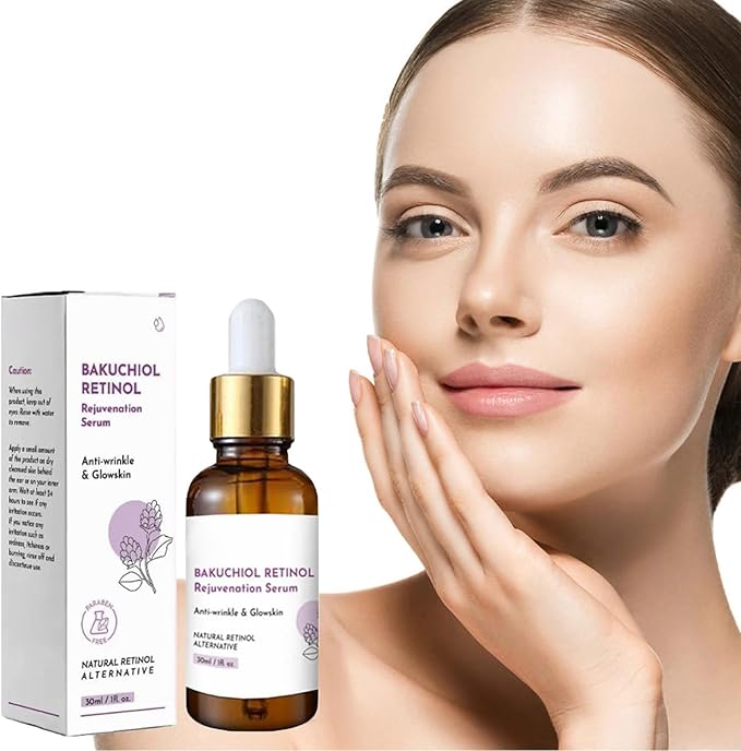 A woman with clear skin touches her face next to a brown glass bottle of Venature Bakuchiol Retinol Rejuvenation Serum with a white dropper cap, and its white box with purple accents and botanical illustration.