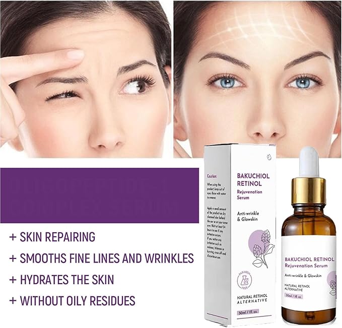 Two women showing improved skin; Venature Bakuchiol Retinol Rejuvenation Serum bottle and box highlighting anti-aging benefits and skin repair.