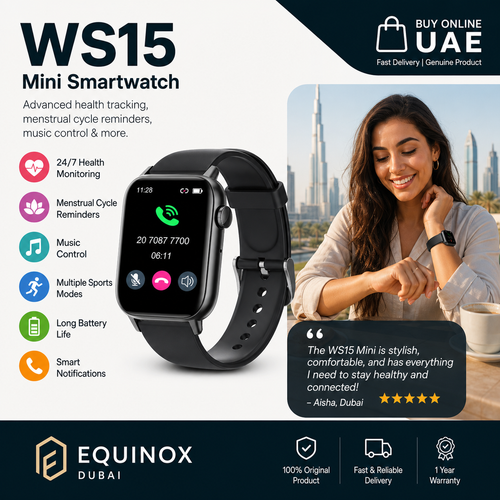 WS15 Mini Smartwatch | Bluetooth Calling, Menstrual Cycle Tracker & Health Monitor | Compact Elegant Smartwatch for iOS & Android (UAE Edition)