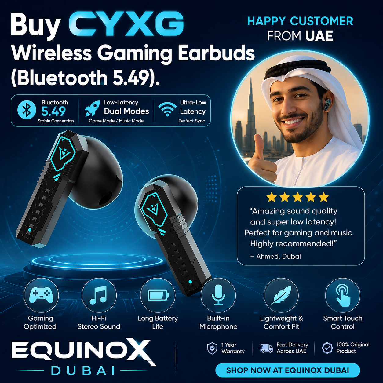 CYXG Futuristic Wireless Gaming Earbuds | Advanced Bluetooth 5.49 TWS Headphones with Low-Latency Dual Modes, Neon LED Charging Case & Type-C Fast Charging