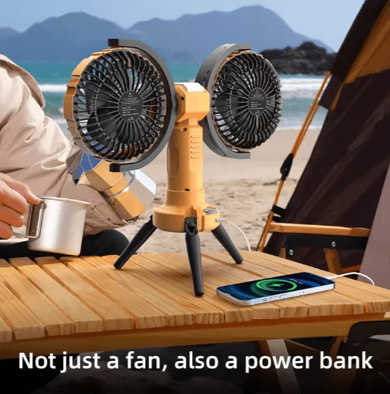 F7300 Dual-Head Portable Camping Fan | Rechargeable Outdoor Tripod Fan with LED