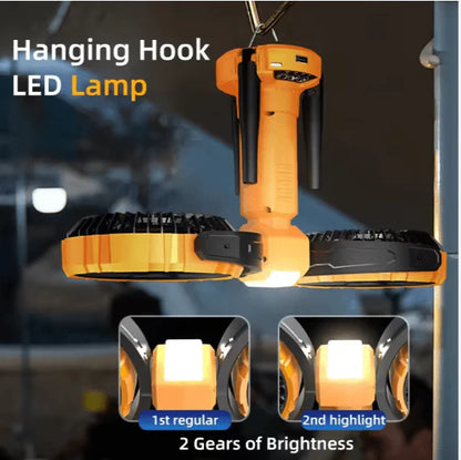 F7300 Dual-Head Portable Camping Fan | Rechargeable Outdoor Tripod Fan with LED