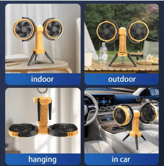 F7300 Dual-Head Portable Camping Fan | Rechargeable Outdoor Tripod Fan with LED