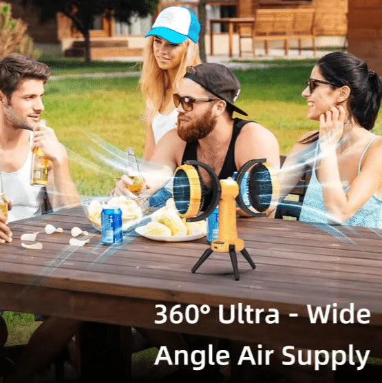 F7300 Dual-Head Portable Camping Fan | Rechargeable Outdoor Tripod Fan with LED