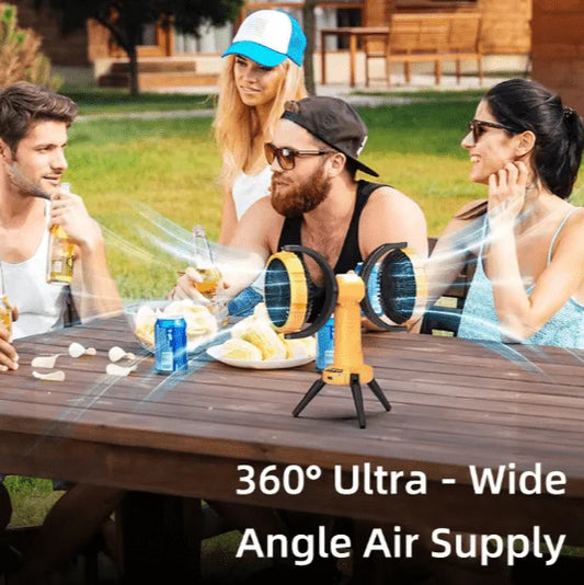 F7300 Dual-Head Portable Camping Fan | Rechargeable Outdoor Tripod Fan with LED