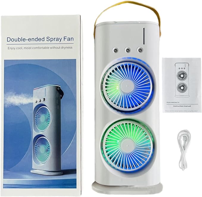 Double Ended Spray Fan — Dual Mist + LED USB Rechargeable Portable Cooling Fan for UAE