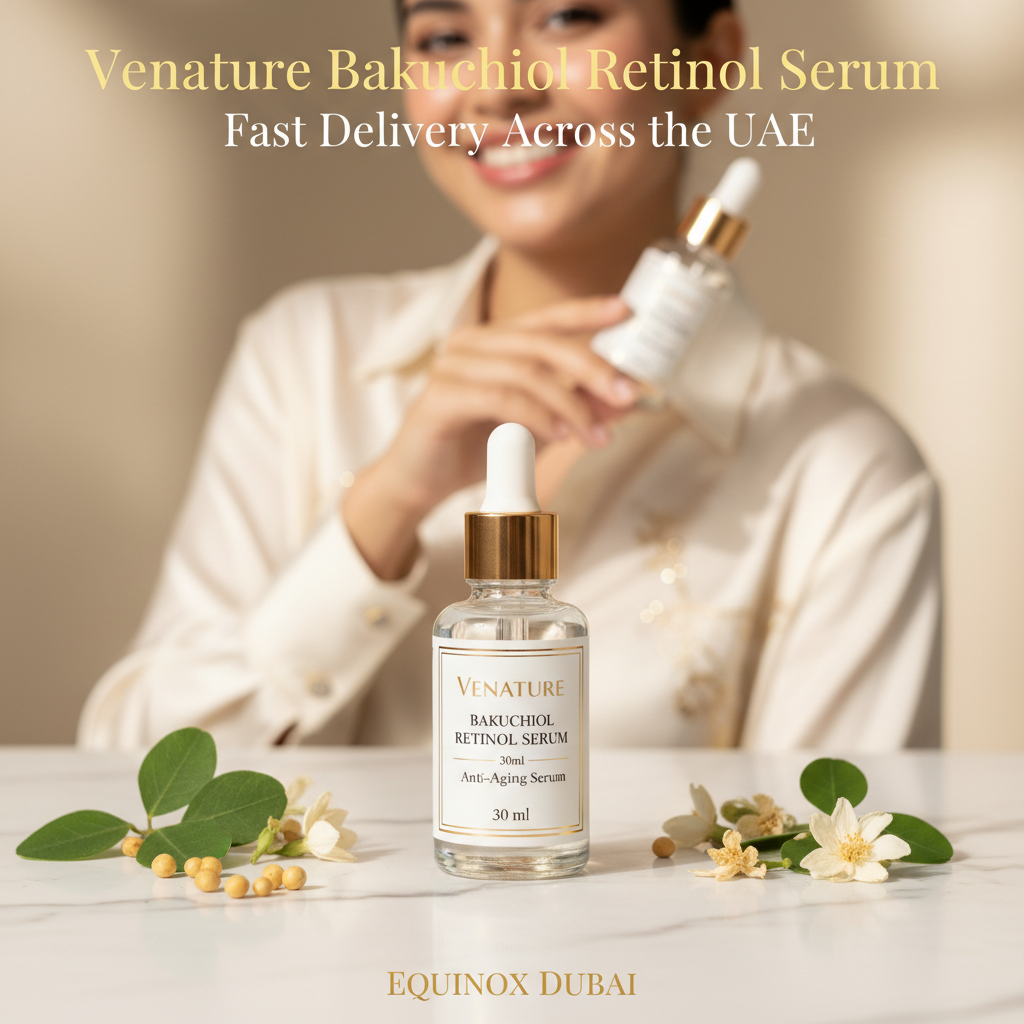 Venature Bakuchiol Retinol Rejuvenation Serum bottle with white and gold label, surrounded by white flowers and green leaves on a marble surface.